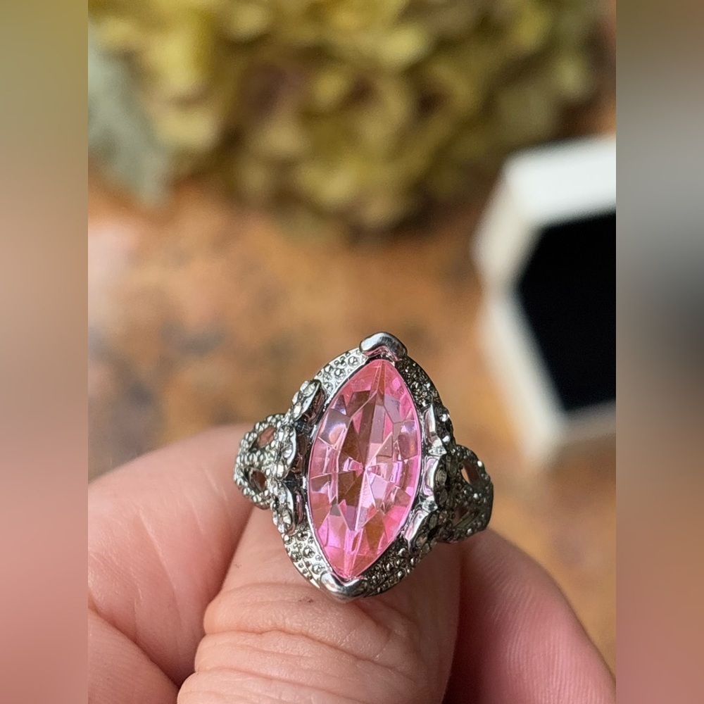 Royal Pink Marquise CZ Crown Ring • High Sparkle Statement Fashion Ring • Size 9